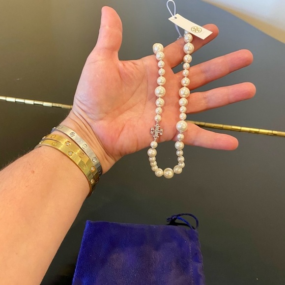 NWT Authentic classic rare Tory Burch Pearl Crystal Short Necklace - Picture 9 of 16